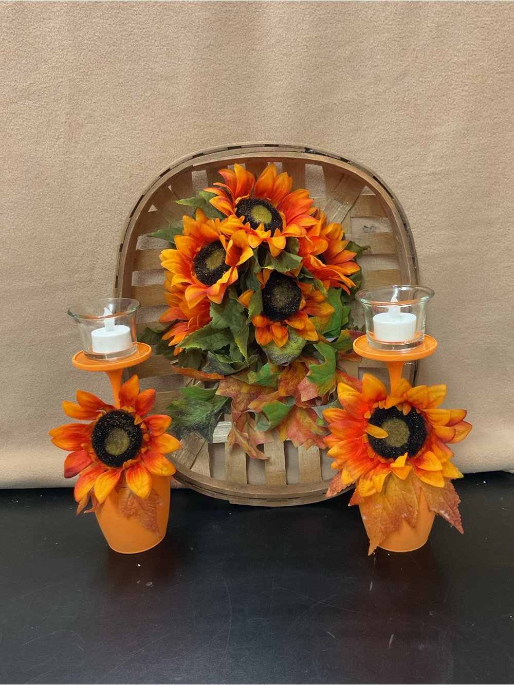 Sunflower Candle Holder Set with Autumn Wreath - Orange